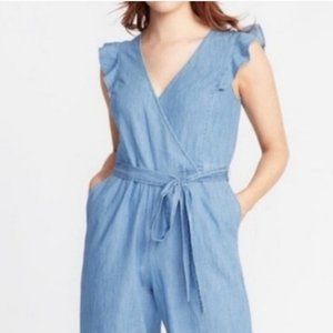 Old Navy Jean Romper V-Neck Flutter Sleeve Cinch Waist Size Small